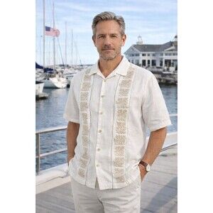 Tommy Bahama Linen Hawaiian Polo Shirt XL Button Up gold embroidery beach